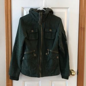 Dark green BB Dakota brand hooded cargo jacket.